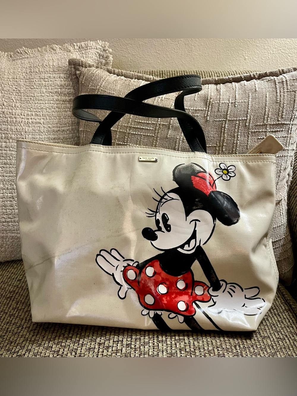 kate spade Cream Minnie Mouse Tote with Black Handles and Red Polka-Dot Skirt